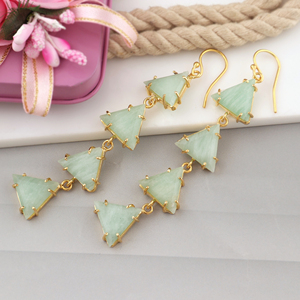 Natural amazonite <b>hook</b> <b>earrings</b> gold plated triangular gemstone long hangings dangle everyday wear 18k gold plating <b>earrings</b> - Product Image 3