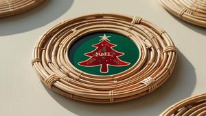 Handmade Round Rattan <b>and</b> <b>Mother</b> of Pearl Coasters with Christmas Tree <b>and</b> Wreath Design for Winter Party, Table Decor or <b>Gift</b> - Product Image 4