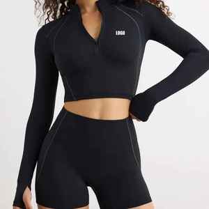Wholesale Women's Quick-Dry Fitness Set Breathable 1/4 Zip <b>Crop</b> Top & High-Impact Shorts - Product Image 5