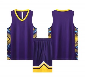 Ensemble d'uniformes de basket-ball géométriques violet et jaune, col en V, sans manches, évacuant l'humidité, unisexe, adulte, toutes saisons, impression par sublimation - Product Image 1