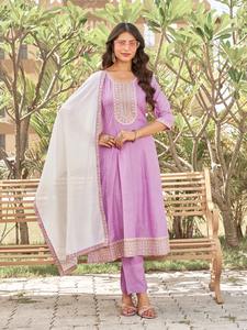 Mejor diseño listo para usar tradicional mujer plata Crunch Kurta pantalón Vichitra Dupatta traje elegante trabajo fiesta desgaste hasta la rodilla - Product Image 4