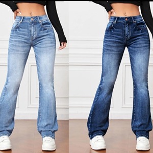 Wholesale <b>Women</b> Denim Pants Mid Waist Stretch Breathable Quick Dry Straight Leg Solid Washed <b>Summer</b> Y2K Casual <b>Trousers</b> - Product Image 4