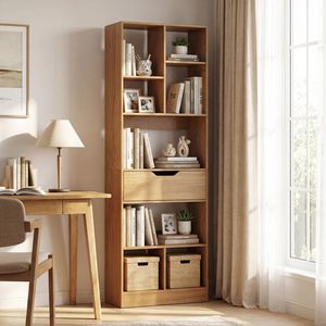 Modern Narrow Tall Bookshelf with Drawer Wooden Bookcase Open Display <strong>Shelf</strong> Storage <strong>Unit</strong> for Small Spaces Living Room Corner - Product Image 2