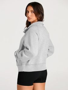<b>Women's</b> Light Gray Cropped <b>Half</b>-<b>Zip</b> <b>Sweatshirt</b> Regular Fit Knitted Cotton Blend Autumn Wear Stand Collar Full Sleeve - Product Image 3