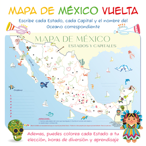 Mappa del Messico educativo tovaglietta per bambini e ragazzi, tovaglietta bianca - Product Image 3