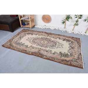 Vintage Rug, 3,9x7,2 ft Area Rug, <b>Brown</b> Beige <b>Wool</b> Rug - Product Image 3