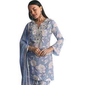 Abito blu Sharara con stampa floreale in mussola con ricamo Moti per le donne indiano festa di nozze e vestito tradizionale - Product Image 4