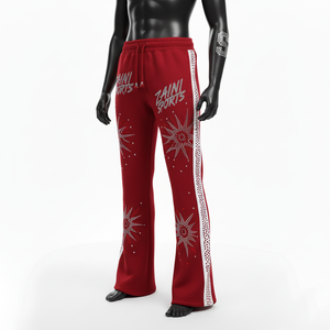 Pantalones Acampanados de Felpa de Algodón Premium, Rojo Oscuro, Tela Suave al Tacto, Panel Lateral con Cristales Hotfix, Logotipo Personalizado - Product Image 4