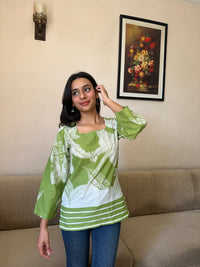 Élégant femmes été hauts manches longues imprimé fleuri coton élégant coupe ample tissé à la mode décontracté élégant couleur hauts - Product Image 3