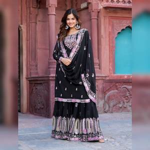 Nueva colección de diseñadores indios para damas, bordado étnico pesado, Gharara Salwar/Palazzo Suit para fiestas, bodas, mayorista - Product Image 1