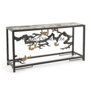 Base en acier inoxydable et métal poli miroir Table console au design élégant avec plateau en bois Table console de chambre à coucher de qualité exclusive - Product Image 4