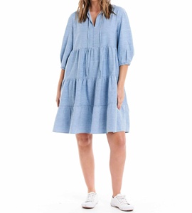 Casual Denim Gathered Tiered <b>Skirt</b> Women Dress Split V-Neck with Neckties Elbow-Length Sleeves with <b>Elastic</b> Cuff A-Line Solid - Product Image 3
