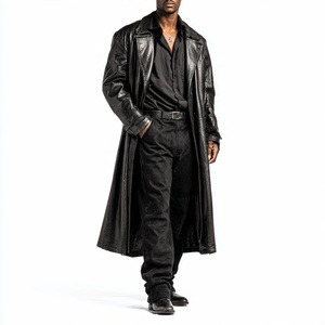Men Long <b>Leather</b> <b>Coat</b> Letterman Button Down Fashion <b>Leather</b> Long <b>Coat</b> Men's Streetwear <b>Trench</b> <b>Leather</b> Long <b>Coat</b> Mens - Product Image 2