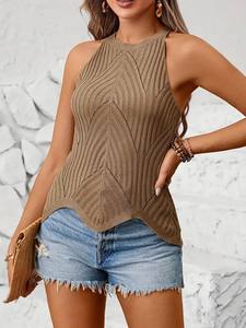 Haut à bretelles en tricot à œillets solides de haute qualité, élégant, dos noué, sans manches, devant, vêtements pour femmes 100% viscose pour le printemps - Product Image 4