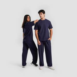 Unisex Waffle Pattern <b>Trousers</b> Navy 100% Cotton Formal Style Size XL Garment Dyed Colored <b>Light</b>-Weight Woolen Fabric Zipper - Product Image 1