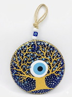 Décoration murale grand format Œil protecteur Arbre de vie en céramique bleu et or, Talisman porte-bonheur pour la maison 22cm