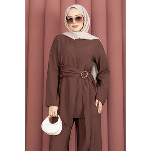 Coffee Brown Crepe and <b>Linen</b> Two-Piece Set Large/XL <b>Top</b> and Pants with Waist Accessory Detail for Summer and Autumn Outfits - Product Image 2