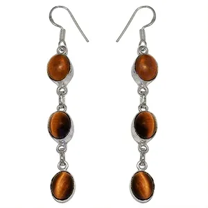 Boucles d'oreilles pendantes ovales en argent tibétain avec œil de tigre, sertissage clos, pierre naturelle classique pour femme, bijoux certifiés tendance - Product Image 1
