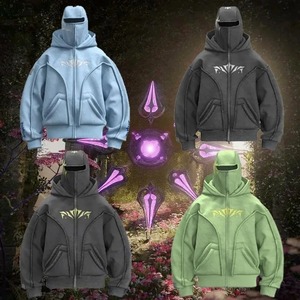 Custom Streetwear <b>Oversized</b> <b>Hoodie</b> Heavyweight Y2K <b>Hoodie</b> Boxy Zip Up Jacket with Acid Wash Embroidery and Ski Mask Balaclava - Product Image 2