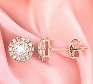 Wholesale OEM Vintage Charm 0.50Ct Solid Rose Gold Moissanite <b>Halo</b> Push Back Stud <b>Earrings</b> - Product Image 6