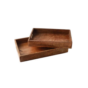 Plateau de service alimentaire classique de qualité exclusive en bois naturel avec poignées découpées pour le petit déjeuner Table basse plateau plats et assiettes - Product Image 1