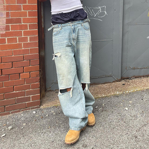 Venta al por mayor personalizado de alta cintura ancho de gran tamaño rasgado desgastado Vintage ácido lavado holgado doble cintura Denim Jeans Hombres - Product Image 2