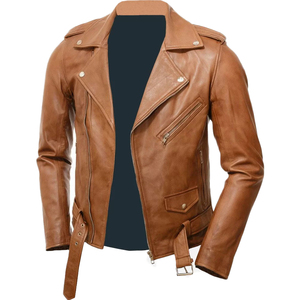 Veste en cuir véritable pour hommes, manteau de moto style motard, vêtements d'extérieur d'hiver élégants avec poches zippées et col montant - Product Image 1