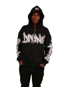 Custom Logo Wholesale Oversized <b>Black</b> Zipper Hoodie for <b>Men</b> 100% Cotton High Quality GSM Streetwear Allover Rhinestones Hoodie - Product Image 4