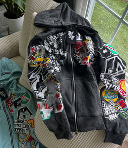 Sweat à capuche en coton délavé à l'acide personnalisé pour homme avec fermeture éclair surdimensionnée, broderie de strass, streetwear, motif imprimé - Product Image 3