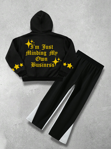 Custom Faded Distress Acid Wash All Over Print Rhinestone Recortada Sudadera con capucha y pantalones de chándal acampanados Conjunto Chándal Trajes de sudor Hombres - Product Image 2