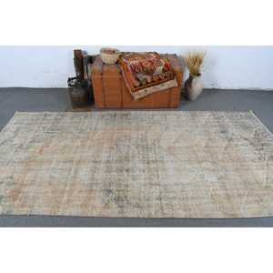 4.4x9.3 ft Large Vintage Turkish Rug, <b>Brown</b> Check <b>Wool</b> Rug - Product Image 3