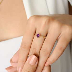 Nuevo anillo delicado de corte ovalado de amatista Natural 100% de moda, joyería de oro amarillo sólido de 18K, anillo clásico hecho a mano para bodas - Product Image 2