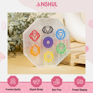 Leading Exporter of Best Quality Healing and Meditation Use 3 inches <b>Selenite</b> Crystal Hexagon <b>Plate</b> with 7 Chakra from India - Product Image 6