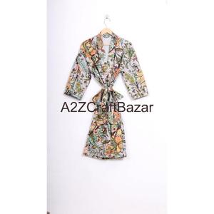 Robe Kantha pour femme, courte, à imprimé floral, col en V, avec cordon de serrage, 100 % coton pur, manches trois-quarts, respirante et douce - Product Image 5