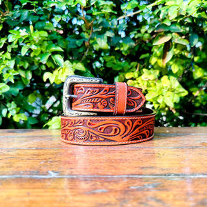Classic Floral Hand Carved Genuine <b>Leather</b> <b>Belt</b> with Western Style Buckle Garrison Carving & <b>Tooling</b> for Casual Use - Product Image 2