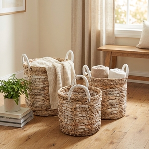 Juego de Cestas de Almacenamiento de Jacinto de Agua Tejidas a Mano Naturales con Asas Envolventes y Detalles Blancos, para Macetas, Lavandería y Decoración, Diseño de Arte Puro - Product Image 4