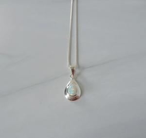 White <b>Opal</b> Pendant <b>Necklace</b> with October Birthstone Pear Shape Classic Link Chain 14K Gold Plated Christian Lovers Pattern - Product Image 5