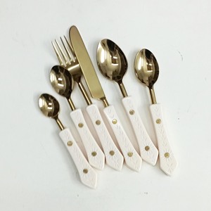 <b>White</b> Embossed Handmade Handle Stainless Steel Metal Cutlery <b>Set</b> Shiny <b>Gold</b> Plated PolishedSpoons for Weddings - Product Image 2