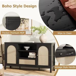 Modern Black Wood Sideboard with Rattan Doors Modern <b>Storage</b> Cabinet Spacious Shelves Elegant Design for Living Room - Product Image 4