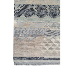 Alfombra Manchaha Lub-120 Azul, Tejida a Mano con Lana y Seda, Rectangular Grande con Patrón Geométrico para Sala de Estar, Pasillo, Modelo Puzzle - Product Image 4