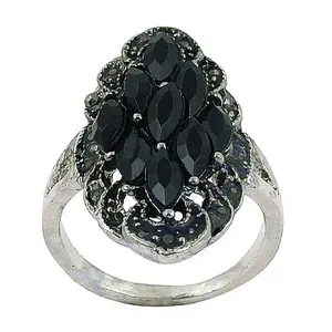 Bague de cocktail élégante et délicate pour femme en argent 925, style vintage, avec onyx noir taille marquise, motif floral, sertissage pavé, pour usage quotidien - Product Image 1
