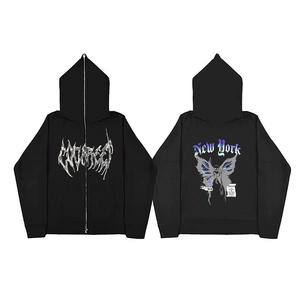 Sudaderas con capucha personalizadas con diamantes de imitación de fábrica al por mayor Fleece Bling Skull Skeleton Logo Design Sudaderas con capucha con diamantes de imitación y cremallera completa - Product Image 3