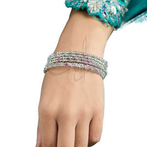 Silver Toned Delicately Adorned With Soft Plum Beads Classic Silver Wrist Wear Charm Bangles - Product Image 1