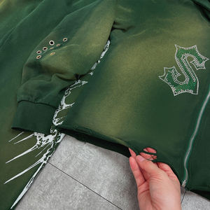 Chándales con estampado desgastado, chándales con cremallera y diamantes de imitación de gran tamaño personalizados, conjunto de pantalones de chándal y Sudadera con capucha lavado ácido para hombres - Product Image 4