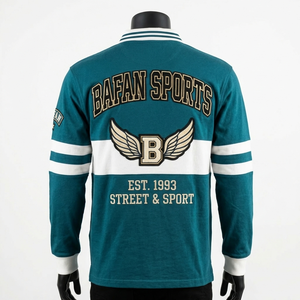 T-shirt de rugby pour homme, tissu en coton mélangé de haute qualité, couleur turquoise, panneau rayé, logo brodé personnalisé, polos de rugby pour homme - Product Image 6