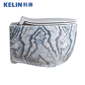 Cuvette de toilettes murale en céramique de luxe à motif marbre, à chasse d'eau tourbillon à haute température, avec abattant à fermeture douce - Product Image 3