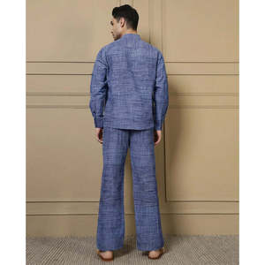 Amanush Men's Blue Cotton Textured Plaid Co-ord Set Mandarin Collar Kurta <b>Pyjama</b> Set Casual <b>Summer</b> Wear Breathable Full Length - Product Image 4