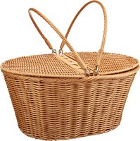 Panier de pique-nique en rotin plastique fait à la main avec fermeture à double couvercle et poignée arquée, rangement en osier écologique et porte-aliments