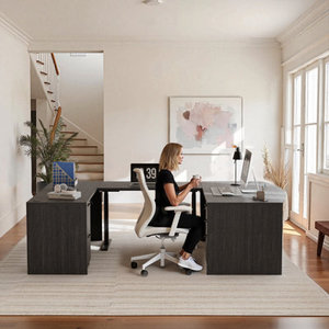 Bureau de direction en forme de U à hauteur réglable DESK-0088, bureau d'ordinateur en bois d'ingénierie - Product Image 2