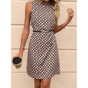 Robe mini en scuba à col roulé sans manches pour femme de Jane's, à motifs, avec ceinture, pour un usage quotidien décontracté - Product Image 1